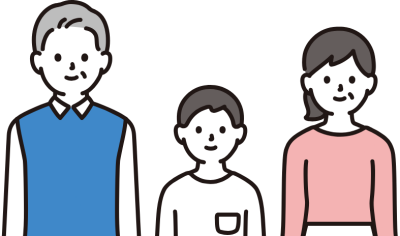 ADHDなどの特性がある子どもとその両親が三人で並んでいるイラスト