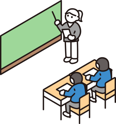 子供たちが高校受験を終えて学校で授業を受けているイラスト